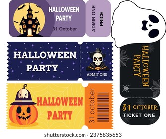 A set of tickets for a Halloween party, with a pumpkin, a skull, a web, a spider, a bat