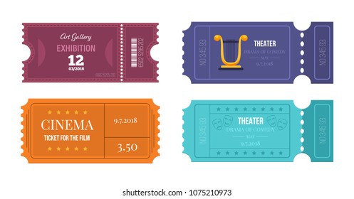 Set of tickets on various events: theater, cinema, art gallery, access in room. Entertainment program, festival. Colorful tickets, for pass in hall of movie, and theatre. Vector illustration.