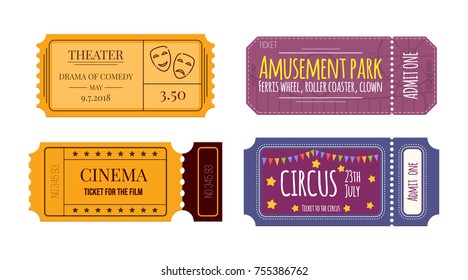 Set of tickets on various events: theater, cinema, circus, amusement park. Colorful tickets, entertainment program, festival. Tickets for pass in hall of the cinema, and theatre. Vector illustration.