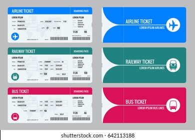 Set tickets for plane, bus and train. Travel around the world and countries. Recreation and entertainment. Business trip. Vector illustration. Isolated on white background. 