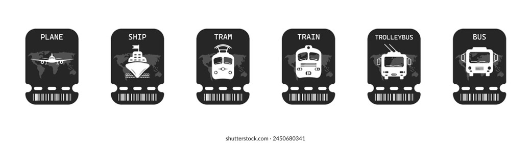 Satz von Tickets für die Vektorgrafik des öffentlichen Verkehrs. Bezahlkarten im Transport für Fahrkarten, Flugzeug, Zug, Bus, Schiff. Schwarze Ikonen von Touristentickets für den Passtransport. Ticketbuchung für den Tourismus.