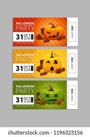 A set of tickets with pumpkin character for the Halloween party. Vector template