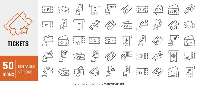 Set of Tickets Related Vector Line Icons. Contains such Icons as Concert, Combo offer, Mobile Ticket and more.