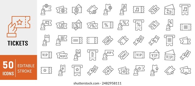 Set of Tickets Related Vector Line Icons. Contains such Icons as Concert, Combo offer, Mobile Ticket and more.