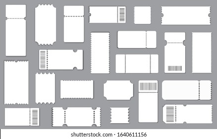 Set of tickets template of different forms. Realistic White paper coupon. Cinema, party, circus, festival or concert tickets design. Vector eps 10.