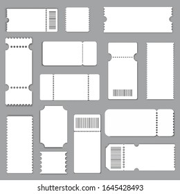 Set of tickets template of different forms. Realistic White paper coupon. Cinema, party, circus, festival or concert tickets design. Vector eps 10.