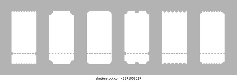 Set of tickets template of different forms. Tickets mockup for cinema. Coupon icons on white background.
