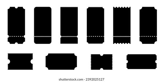 Set of tickets template of different forms. Tickets mockup for cinema. Coupon icons on white background.