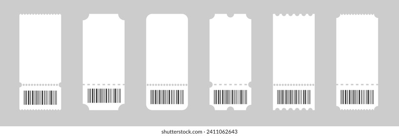 Set of tickets template of different forms. Tickets mockup for cinema. Coupon icons on white background.