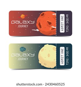 Set of tickets templates with gradient space background and planets in cartoon style. Hand drawn planets and celestial bodies. Admission for planetarium, exhibition and show