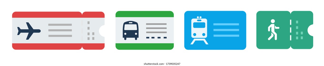 Set of tickets for various modes of transport and a pass metro vector icon flat isolated illustration