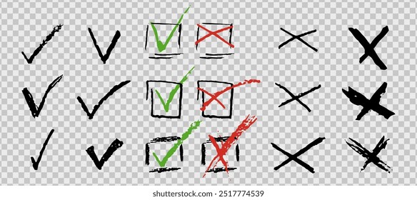 Conjunto de ticks y cruces para hacer la lista o votar. Elementos de Vector para responder sí o no a las preguntas del examen. Lápiz de carbón rojo negro verde correcto o símbolos incorrectos. Doodle marca y cruza.