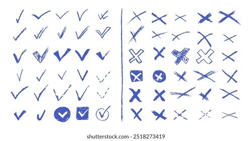 Conjunto de tiques e cruzes para fazer lista ou votar. Elementos vetoriais para respostas de perguntas de teste sim ou não. Símbolos corretos ou incorretos do lápis de carvão azul. Fazer doodle da coleção de marcas de seleção e cruzamentos