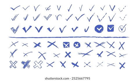 Conjunto de ticks y cruces para hacer la lista o votar. Elementos de Vector para responder sí o no a las preguntas del examen. Lápiz de carbón azul correcto o símbolos incorrectos. Doodle marca y cruza la colección.