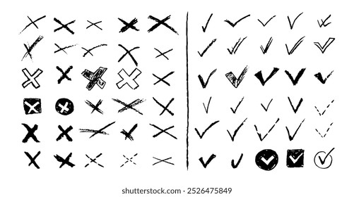 Conjunto de tiques e cruzes para fazer lista ou votar. Elementos vetoriais para respostas de perguntas de teste sim ou não. O lápis de carvão traseiro tem símbolos corretos ou incorretos. Fazer doodle da coleção de marcas de seleção e cruzamentos