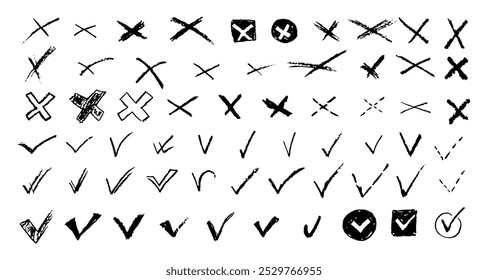 Conjunto de ticks y cruces para hacer la lista o votar. Elementos de Vector para responder sí o no a las preguntas del examen. Lápiz de carbón negro correcto o símbolos incorrectos. Doodle marca y cruza la colección.