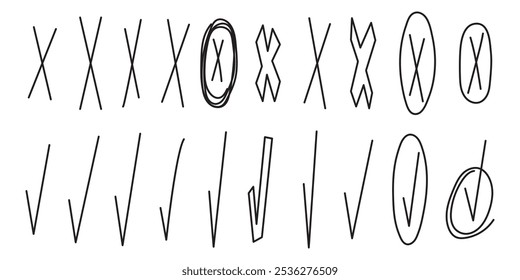 Set of ticks and crosses elements. hand-drawn doodles. Selection. Marking. Checklist. set of ticks, crosses, circle marks and squares, Doodle check marks and crosses collection.