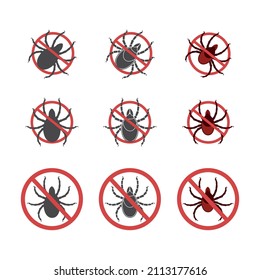 Set von Zecken mit Stoppschild. Schwarze Kontur, Farbbild eines Insekts. Vektorgrafik, flaches Cartoon-farbiges minimales Design, einzeln auf weißem Hintergrund, EPS10.