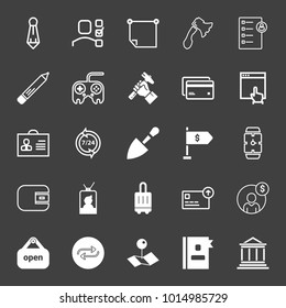 set of tie, checklist, sticker, axe, pencil, joystick, hammer, plastic card, click, id card, shovel, usd flag, watch, wallet, video call, baggage, business, open banner, map pin, bookmark vector icon