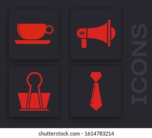 Set Tie, Coffee cup flat, Megaphone and Binder clip icon. Vector
