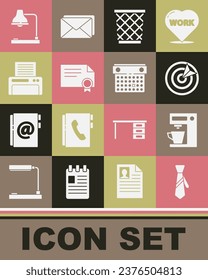 Set Tie, Coffee machine, Target sport, Trash can, Certificate template, Printer, Table lamp and Calendar icon. Vector