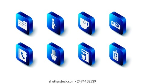 Set Tie, Cup of tea with tea bag, Movie, film, media projector, Identification badge, Coffee machine, Cactus and succulent pot, Address book and Document folder icon. Vector