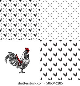 Set Tie day pattern ornament with birds rooster isolated on a white background. Vector graphic animals regular print seamless.