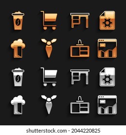 Set Tie, Document settings, Graph chart infographic, Identification badge, Cloud database, Office desk, Coffee cup to go and Shopping cart icon. Vector