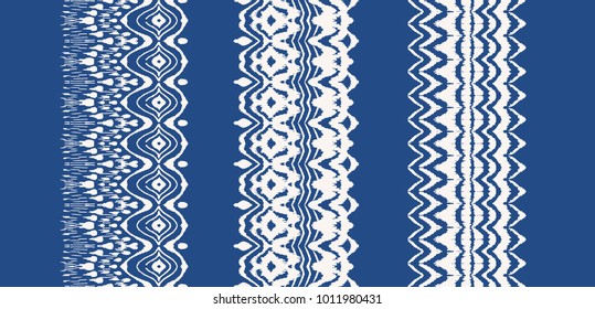 Set of tie dye art brushes and lace. Vector Ethnic necklace. Ikat  pattern. Shibori print with stripes and chevron. Ink textured japanese background.   Bohemian fashion. Endless watercolor texture. 