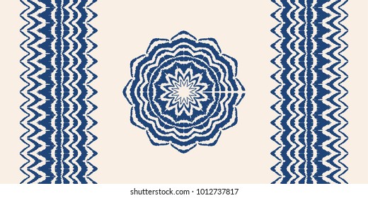 Set of tie dye art brushes and lace. Vector Ethnic necklace. Ikat  pattern. Shibori print with stripes and chevron. Ink textured japanese background.   Bohemian fashion. Endless watercolor texture. 