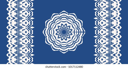 Set of tie dye art brushes and lace. Vector Ethnic necklace. Ikat  pattern. Shibori print with stripes and chevron. Ink textured japanese background.   Bohemian fashion. Endless watercolor texture. 