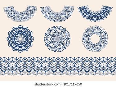 Set of tie dye art brushes and lace. Vector Ethnic necklace. Ikat  pattern. Shibori print with stripes and chevron. Ink textured japanese background.   Bohemian fashion. Endless watercolor texture. 