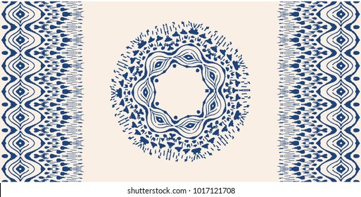 Set of tie dye art brushes and lace. Vector Ethnic necklace. Ikat  pattern. Shibori print with stripes and chevron. Ink textured japanese background.   Bohemian fashion. Endless watercolor texture. 
