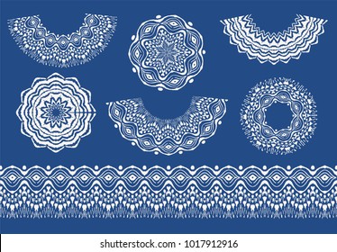 Set of tie dye art brushes and lace. Vector Ethnic necklace. Ikat  pattern. Shibori print with stripes and chevron. Ink textured japanese background.   Bohemian fashion. Endless watercolor texture. 