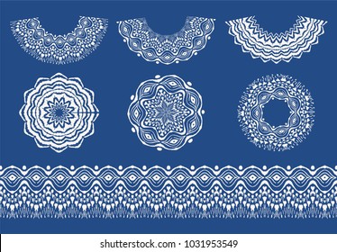 Set of tie dye art brushes and lace. Vector Ethnic necklace. Ikat  pattern. Shibori print with stripes and chevron. Ink textured japanese background.   Bohemian fashion. Endless watercolor texture. 