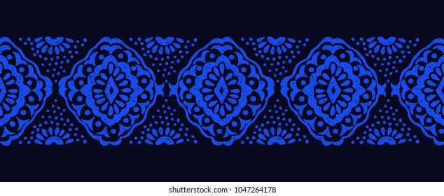 Set of tie dye art brushes and lace. Vector Ethnic necklace. Ikat  pattern. Shibori print with stripes and chevron. Ink textured japanese background.   Bohemian fashion. Endless watercolor texture. 
