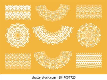 Set of tie dye art brushes and lace. Vector Ethnic necklace. Ikat  pattern. Shibori print with stripes and chevron. Ink textured japanese background.   Bohemian fashion. Endless watercolor texture. 
