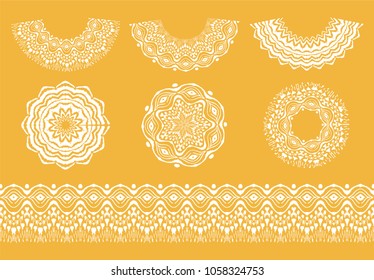	
Set of tie dye art brushes and lace. Vector Ethnic necklace. Ikat pattern. Shibori print with stripes and chevron. Ink textured japanese background. Bohemian fashion. Endless watercolor texture. 