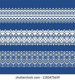 Set of tie dye art brushes and lace. Vector Ethnic necklace. Ikat  pattern. Shibori print with stripes and chevron. Ink textured japanese background.   Bohemian fashion. Endless watercolor texture. 