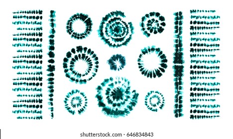 Set of tie dye art brushes. Print in Shibori style. Ribbon ornament, ribbon, border. Ethnic jewelry. Fashion embroidery for women's clothing. Elements of batik on fabric.