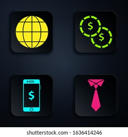 Set Tie, Earth globe, Smartphone with dollar symbol and Coin money with dollar symbol. Black square button. Vector