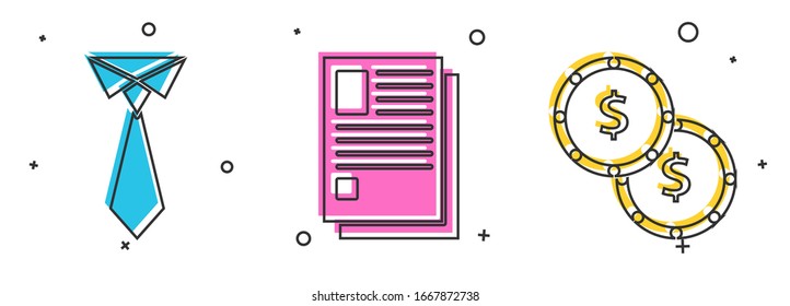 Set Tie, File document and Coin money with dollar symbol icon. Vector
