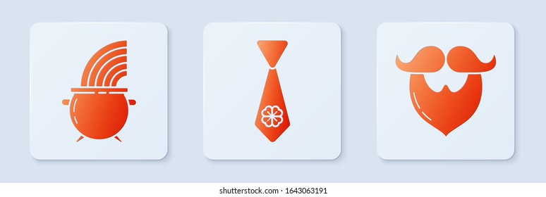 Set Tie with four leaf clover, Witch cauldron and rainbow and Mustache and beard. White square button. Vector