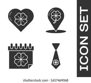 Set Tie with four leaf clover, Heart with four leaf clover, Saint Patricks day with calendar and Location and four leaf clover icon. Vector