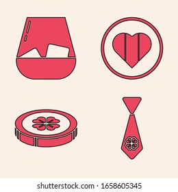 Set Tie with four leaf clover, Glass of whiskey, Heart and Happy Saint Patrick day and Gold coin with four leaf clover icon. Vector