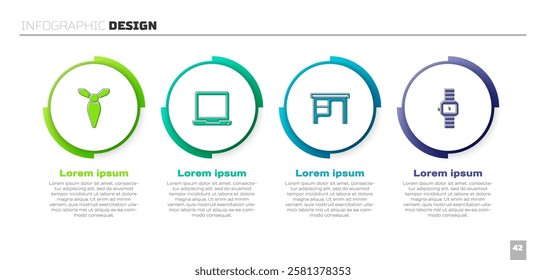 Set Tie, Laptop, Office desk and Wrist watch. Business infographic template. Vector