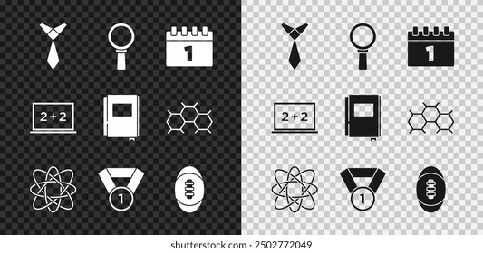Set Tie, Magnifying glass, Calendar first september date, Atom, Medal, American Football ball, Chalkboard and Book icon. Vector