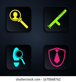 Set Tie, Magnifying glass for search, Magnifying glass with footsteps and Police rubber baton. Black square button. Vector
