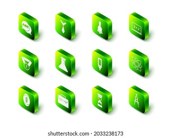 Set Tie, Ringing bell, Chalkboard, Atom, Drawing compass, Marker pen, Old hourglass with sand and Briefcase icon. Vector