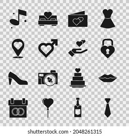 Set Tie, Smiling lips, Castle the shape of heart, Greeting card, Heart with male gender, Location, Music note and hand icon. Vector